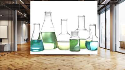 Glassware with liquids isolated on white. Laboratory analysis Wall mural