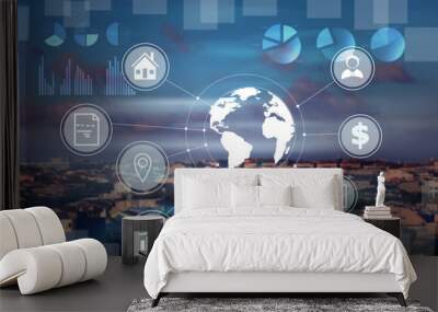 Global business and fintech concept. Icons, world globe and charts on city landscape background Wall mural