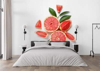 Grapefruits and leaves on white background, top view. Citrus fruits Wall mural