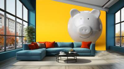 Gray piggy bank on color background. Money saving Wall mural