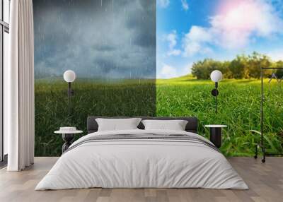 Green field during sunny and stormy weather, collage Wall mural