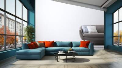 Grey sofa with pillows near white wall in stylish living room interior. Space for text Wall mural