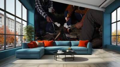 Group of friends roasting marshmallows on bonfire at camping site in evening, closeup Wall mural