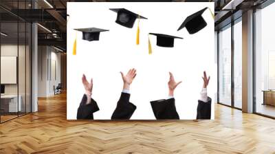 Group of graduates throwing hats against white background, closeup. Banner design Wall mural