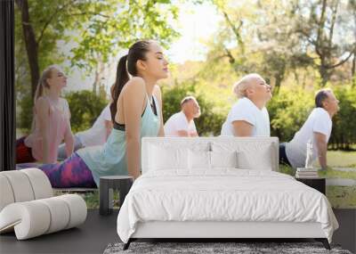 Group of people practicing yoga in park on sunny day Wall mural