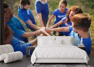 Group of volunteers joining hands together outdoors, above view Wall mural