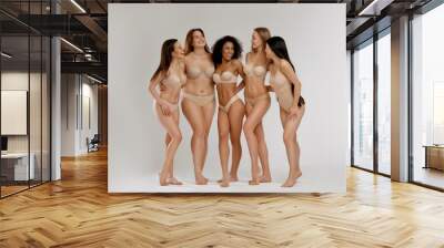 Group of women with different body types in underwear on light background Wall mural