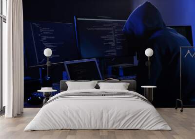 Hacker with computers in dark room. Cyber crime Wall mural