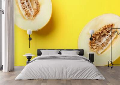 Halves of fresh melon on yellow background, top view Wall mural