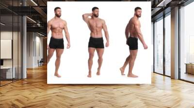 Handsome man in stylish black underwear on white background, set of photos Wall mural