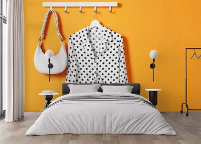 Hanger with polka dot shirt and bag on orange wall, space for text Wall mural