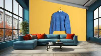 Hanger with stylish sweater on color background Wall mural