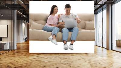 Happy couple with laptop on comfortable sofa against white background Wall mural