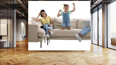 Happy family resting on comfortable sofa against white background Wall mural