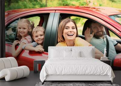 Happy family with children taking road trip together Wall mural