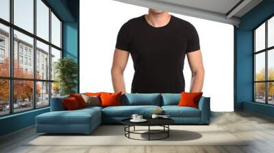 Happy man in black cap and tshirt on white background. Mockup for design Wall mural