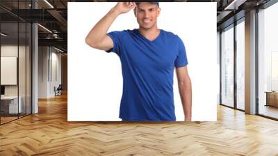 Happy man in blue cap and tshirt on white background. Mockup for design Wall mural