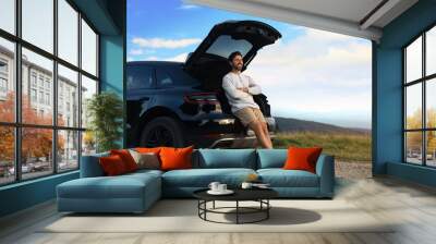 Happy man sitting in trunk of modern car on roadside outdoors Wall mural