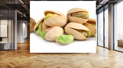 Heap of tasty pistachio nuts isolated on white Wall mural