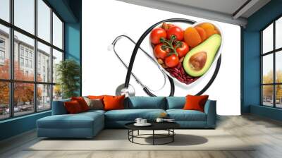 Heart shaped bowl with healthy products and stethoscope on white background, top view Wall mural