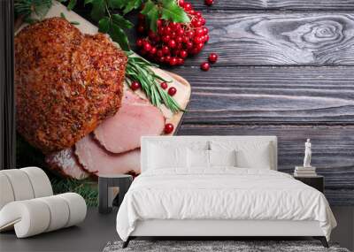 Homemade delicious ham on grey wooden background, flat lay with space for text. Festive dinner Wall mural