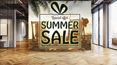 Hot summer sale flyer design. Beautiful view on sandy beach near sea and text Wall mural