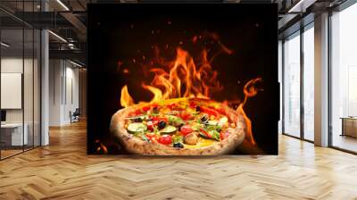 Hot tasty pizza with fire flames on dark background. Image for menu or poster Wall mural