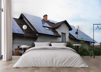 House with installed solar panels on roof. Alternative energy source Wall mural