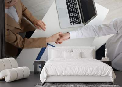 Human resources manager shaking hands with applicant during job interview in office, top view Wall mural