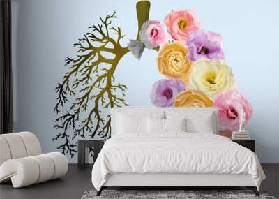 Illustration of human lungs - one part with image of dry tree branches, another with fresh flowers on light background. Healthy and unhealthy lifestyle concept Wall mural