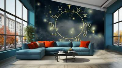 Illustration of night sky with stars and zodiac wheel Wall mural