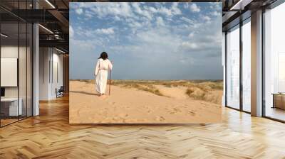 Jesus Christ walking with stick in desert, back view. Space for text Wall mural