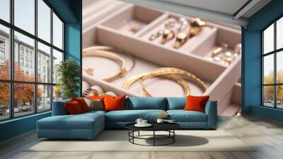 jewelry box with stylish golden bijouterie, closeup view Wall mural