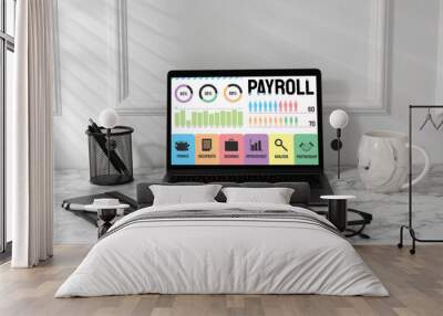 Laptop with payroll data on screen on table Wall mural