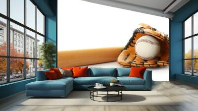 Leather baseball ball, bat and glove on white background Wall mural