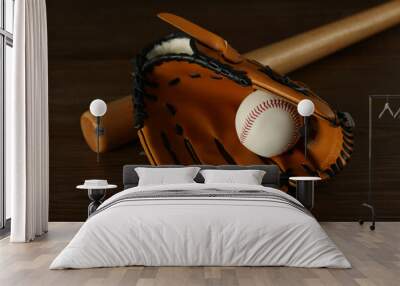 Leather baseball ball, bat and glove on wooden table Wall mural