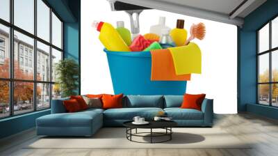 Light blue plastic bucket with cleaning supplies and tools isolated on white Wall mural