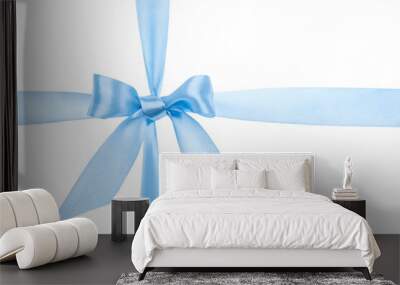 Light blue ribbon with bow on white background. Decoration for gift box Wall mural