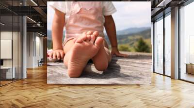 Little girl sitting on wooden deck outdoors, closeup Wall mural