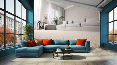 Living room interior with stylish furniture, focus on soft carpet Wall mural