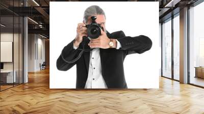 Male photographer with professional camera on white background Wall mural