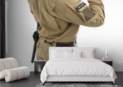 Male security guard using portable radio transmitter on white background Wall mural