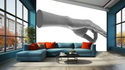 Man's hand holding something on white background. Black and white effect Wall mural