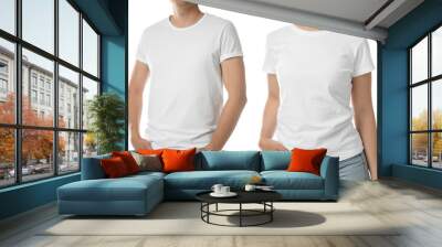 Man and woman in t-shirts on white background, closeup. Mockup for design Wall mural