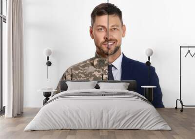 Man as military and businessman isolated on white, collage dividing portrait Wall mural