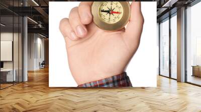 Man holding compass on white background, closeup Wall mural