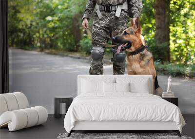 Man in military uniform with German shepherd dog outdoors Wall mural