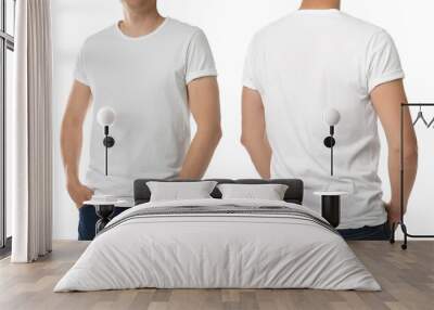 Man in t-shirt on white background, closeup with back and front view. Mockup for design Wall mural