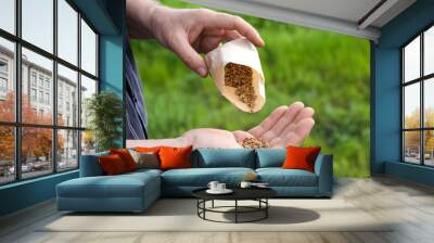 Man pouring beet seeds from paper bag into hand outdoors, closeup Wall mural