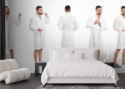 Man wearing bathrobe on white background, collage. Banner design Wall mural